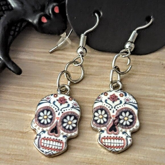 Halloween Day of the Dead Multicolor Skulls Dangle Earrings-Handmade! - Picture 6 of 6